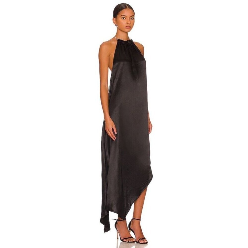 L'Academie Alessa Midi Dress Black Satin Asymmetrical Backless Small Fits Like M